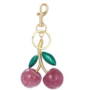 Pink Cherry with Green Leaves 🍒 Bag Charm, Keychain with Gold Accents